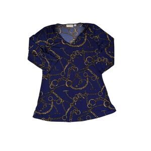 Susan Graver Women’s Dark Blue Shirt with Gold Chain Print XS